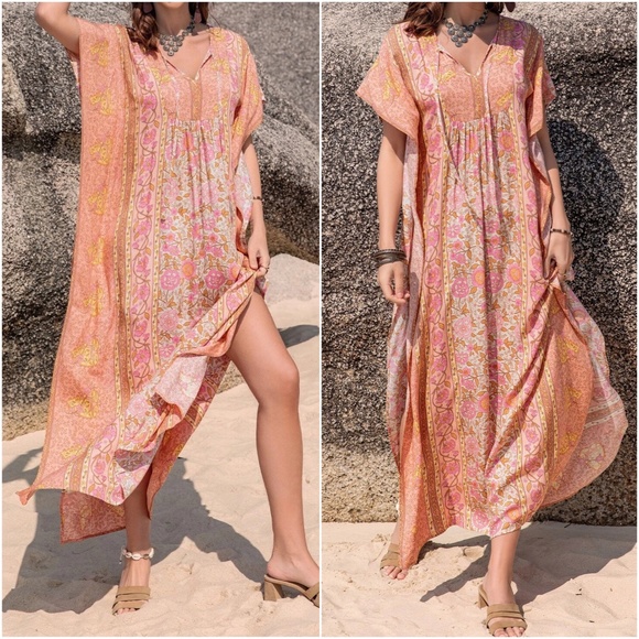 Dresses & Skirts - Boho Floral Tropical Print Kimono Sleeve Maxi Dress Cover up